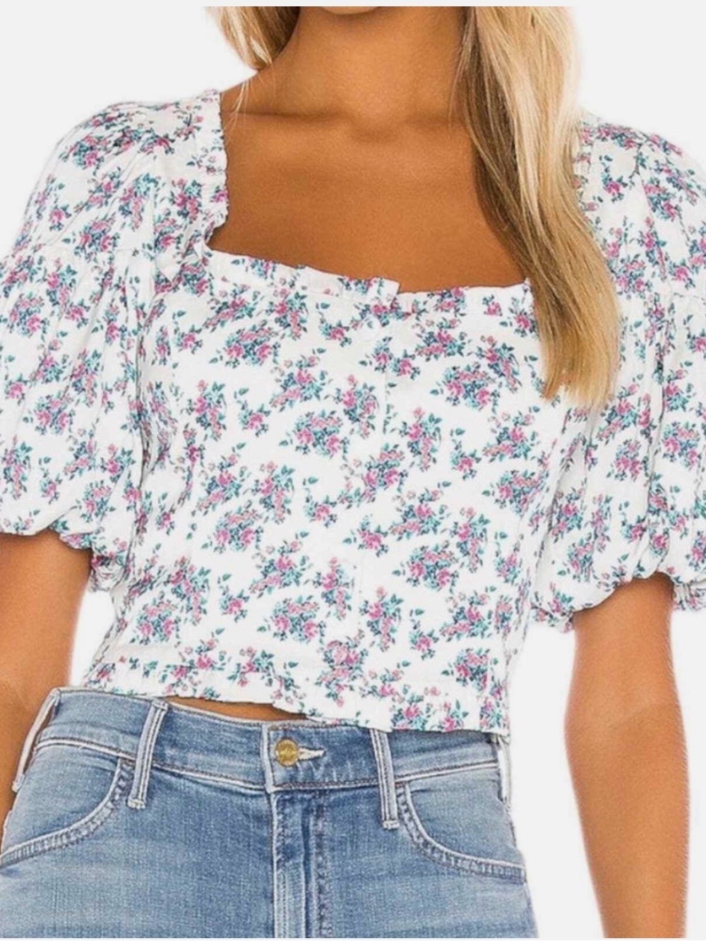 For Love & Lemons White Floral Puff-Sleeve Crop Top